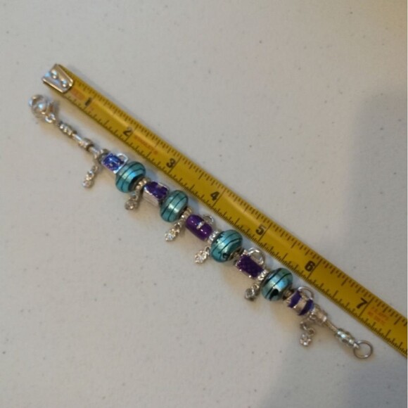 (4) 925 Murano Glass Beads Enameled Bag Charm Silver Tone Slider Bracelet - Picture 7 of 8